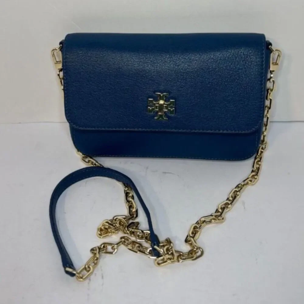 Tory Burch Navy Blue Crossbody Bag Gold Chain Logo Leather
